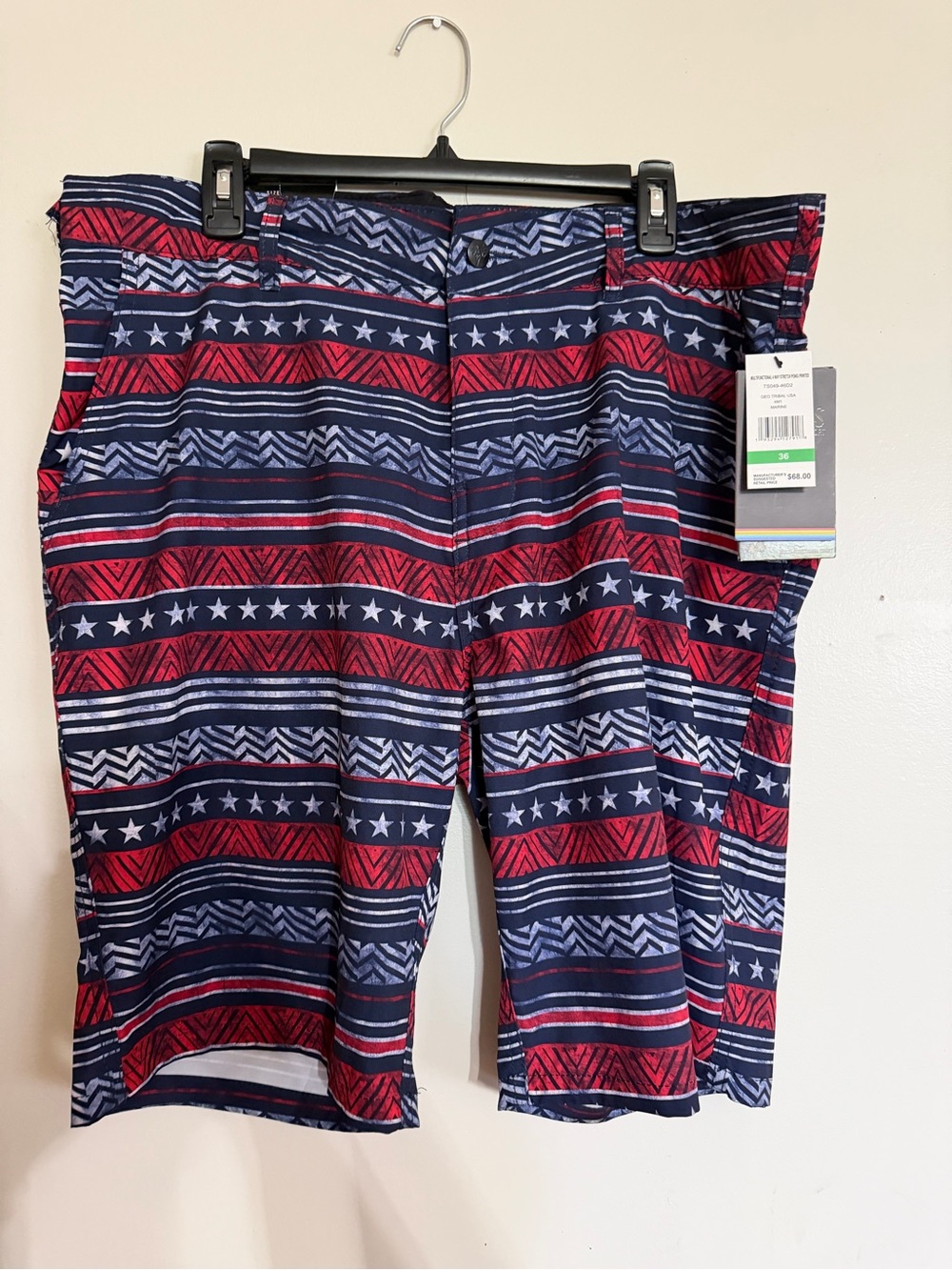 Tribal Red and Navy Geometric Star-Print Flat Front Men's Shorts